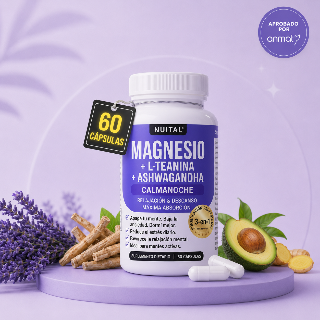NUITAL®️ MAGNESIO CalmaNoche - Apaga tu mente. Baja la ansiedad. Dormí mejor