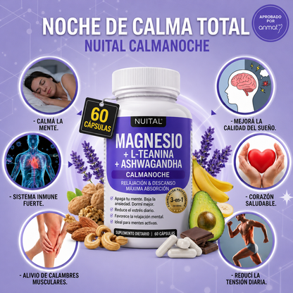 NUITAL®️ MAGNESIO CalmaNoche - Apaga tu mente. Baja la ansiedad. Dormí mejor